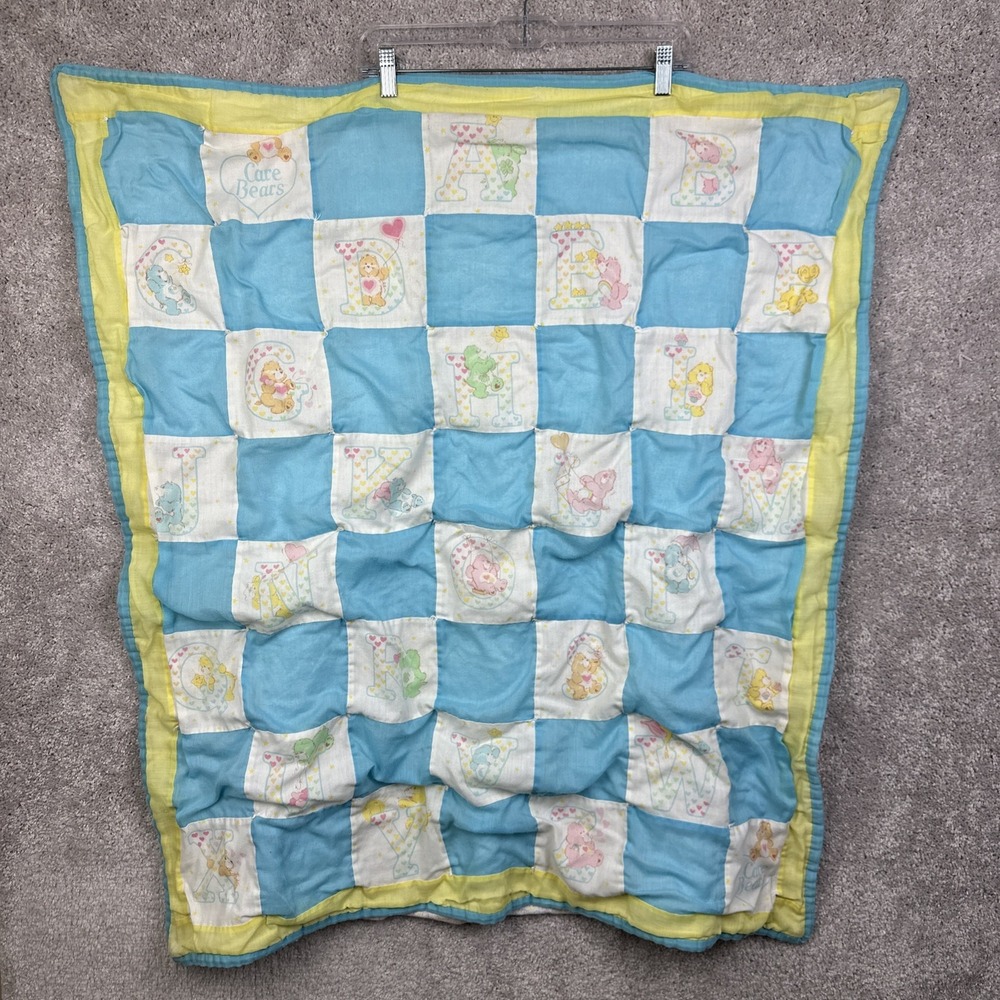 Vintage Yellow Care Bears Baby Crib Blanket ABC‎ Handmade Pastel Quilted 36x35